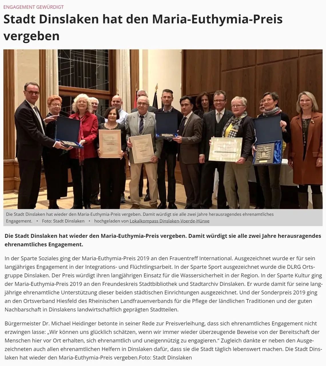 Niederrheinischer Anzeiger - Stadt Dinslaken hat den Maria-Euthymia-Preis vergeben - 20 November 2019