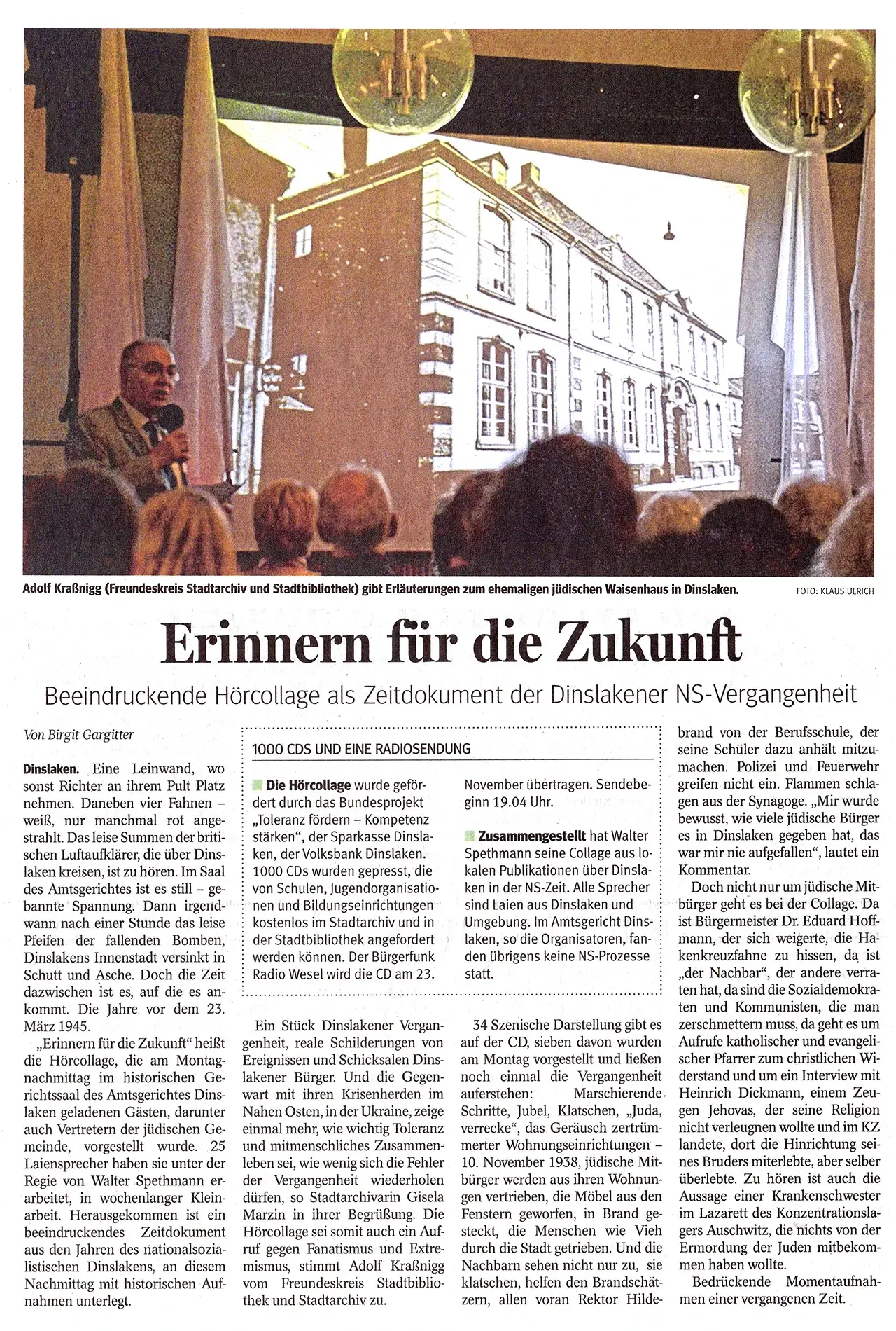 Presseartikel - NRZ - Erinnern für die Zukunft - 12 November 2014
