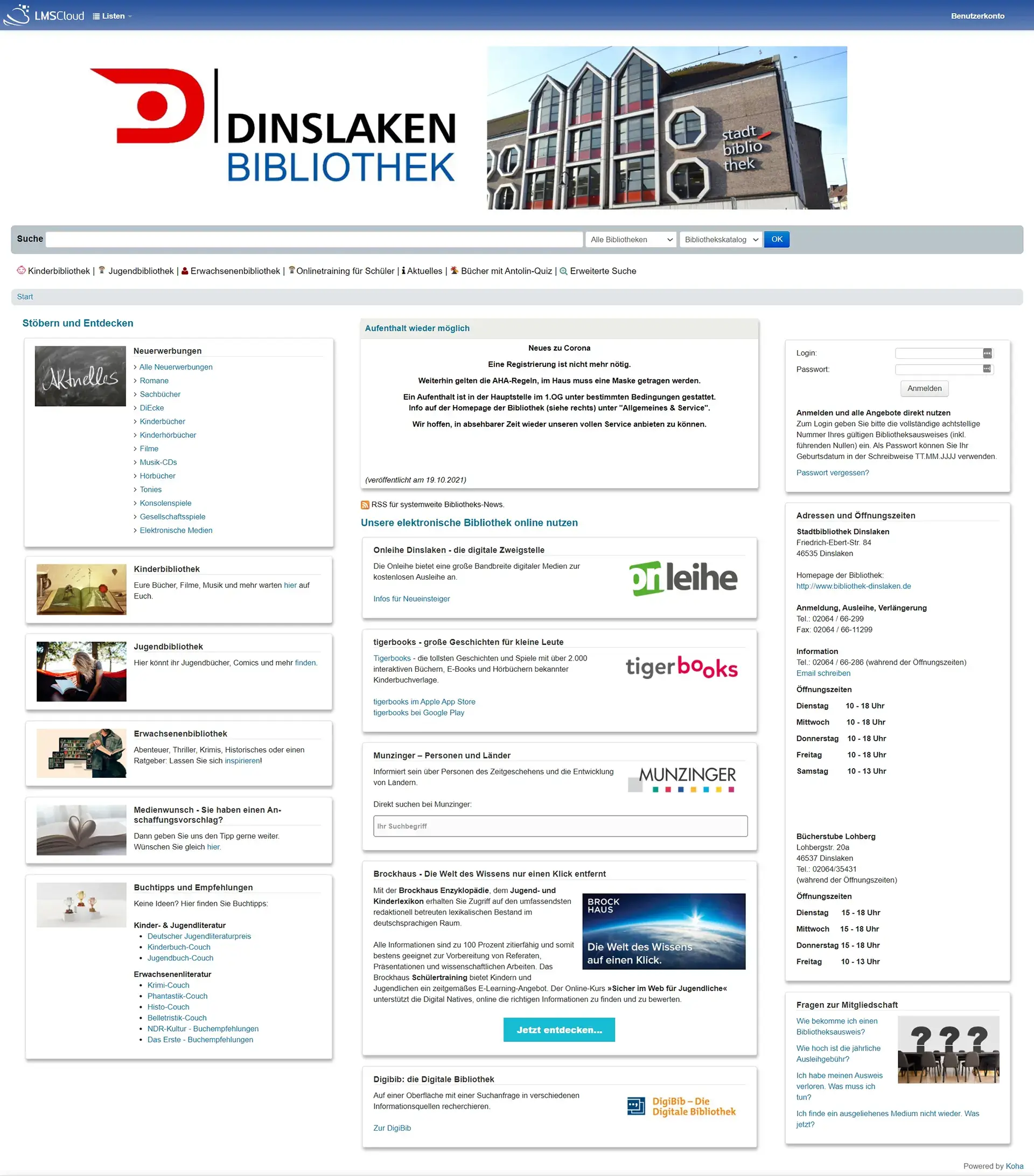 Stadtbibliothek Dinslaken - Onlineportal 2021 - Startseitenansicht - Gesamtansicht