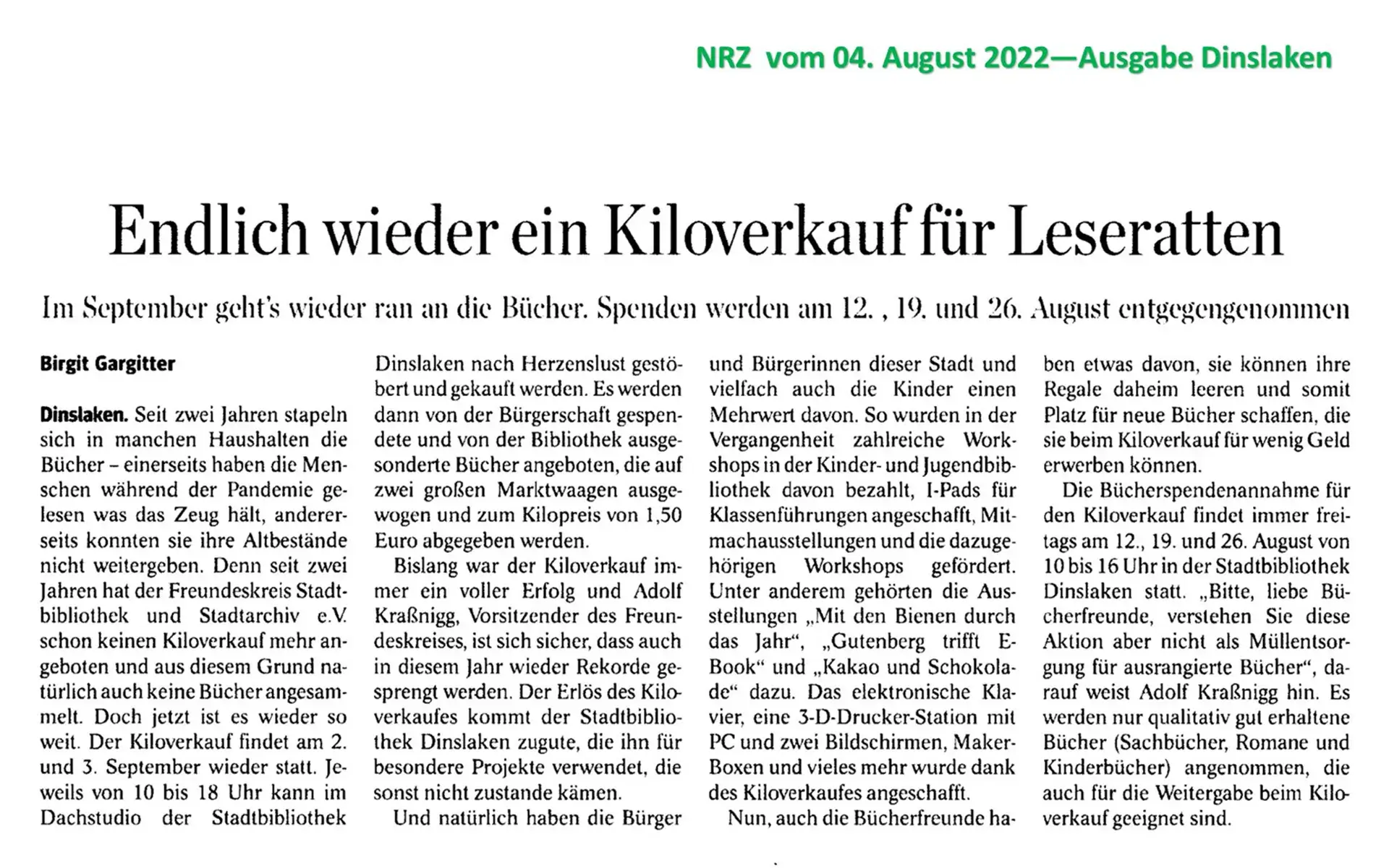 Presseartikel - NRZ - 04.08.2022 - Ausgabe Dinslaken - Kiloverkauf 2022