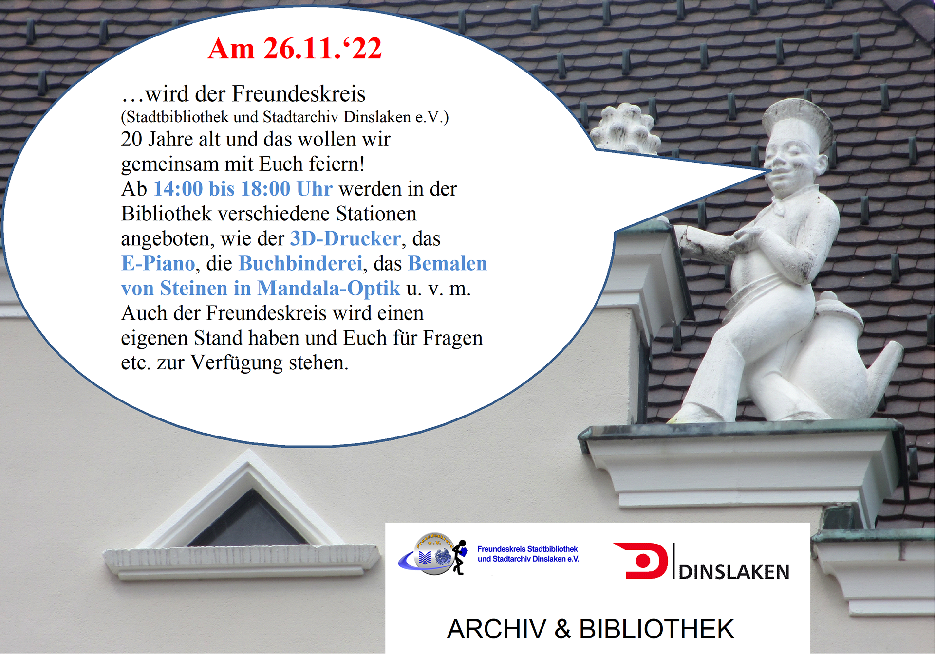 Der Freundeskreis der Stadtbibliothek und Stadtarchiv Dinslaken e.V. feiert am 26.11.2022 sein 20-jähriges Bestehen in der Stadtbibliothek Dinslaken