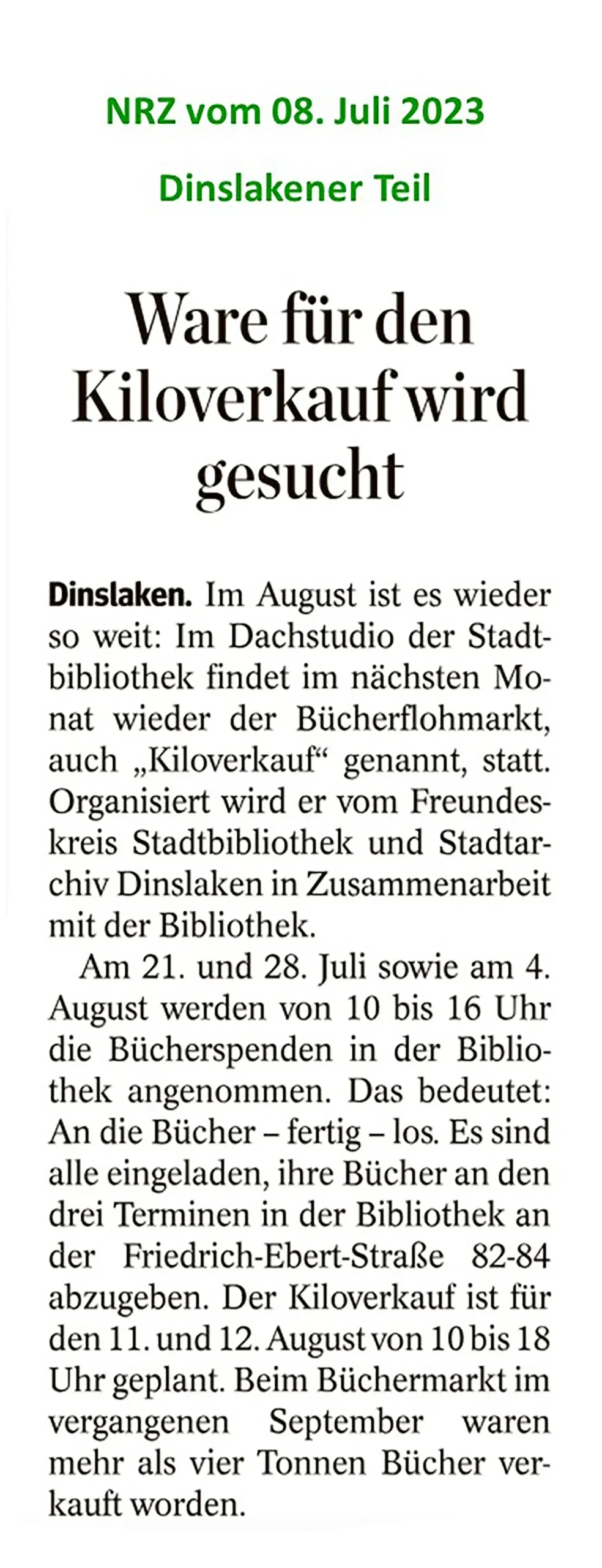 Presseartikel - NRZ - Dinslakener Teil - 08.07.2023 - Ware für den Kiloverkauf wird gesucht