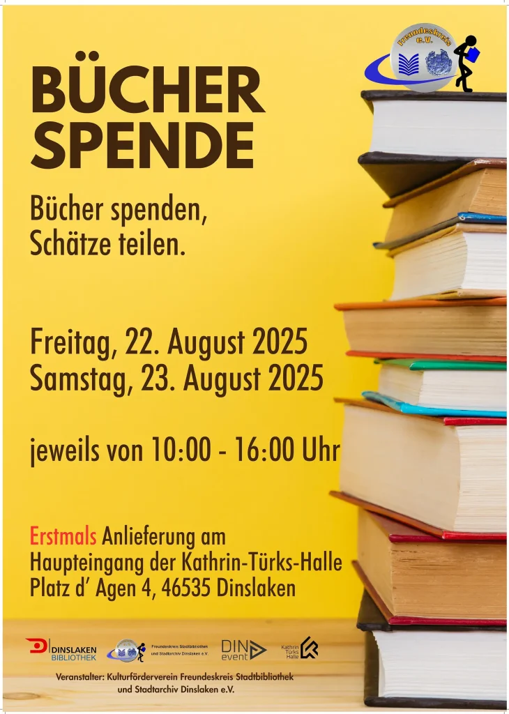 Plakat - Bücherannahme für den Kiloverkauf im Haupteingang der Kathrin-Türks-Halle am 22. und 23. August 2025